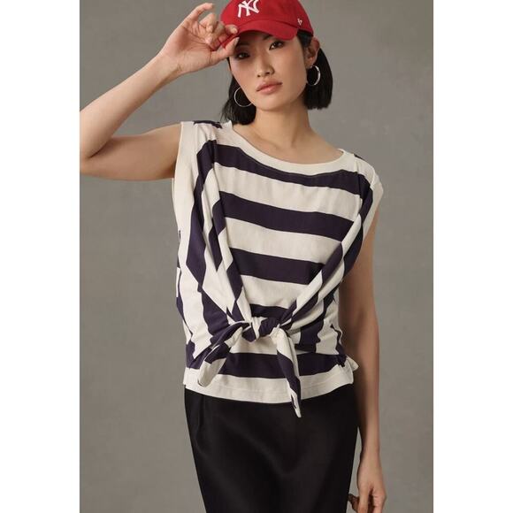Anthropologie Maeve Tie Front Wrap Tee Shirt Size L Navy White Rugby Striped - Picture 1 of 14